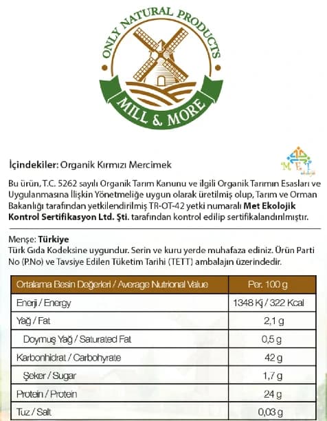 Organik Kırmızı Mercimek 750 gr