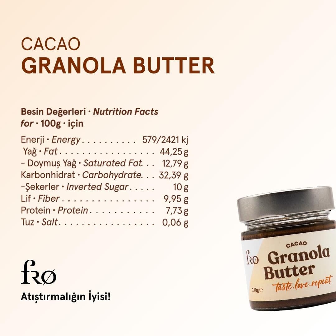 FRO 2'li Granola Butter Cacao Glutensiz Şekersiz Vegan Sürülebilir Kahvaltılık Ara Öğün 2x240gr