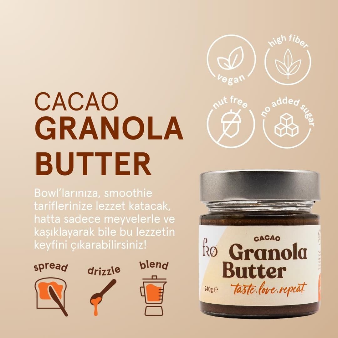 FRO 2'li Granola Butter Cacao Glutensiz Şekersiz Vegan Sürülebilir Kahvaltılık Ara Öğün 2x240gr