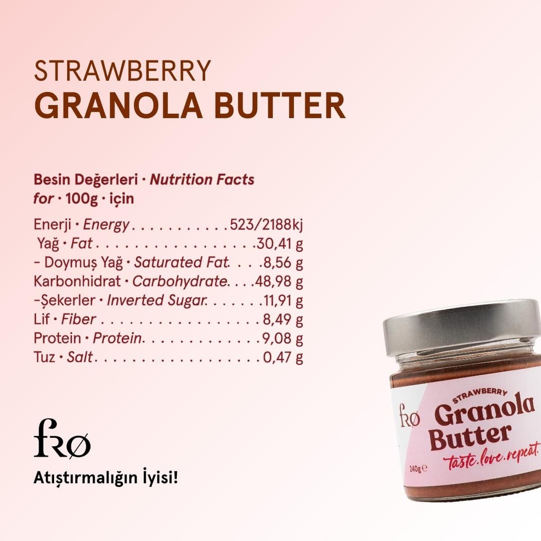 FRO Granola Butter Çilek Glutensiz Şekersiz Vegan Sürülebilir Kahvaltılık Ara Öğün 240gr