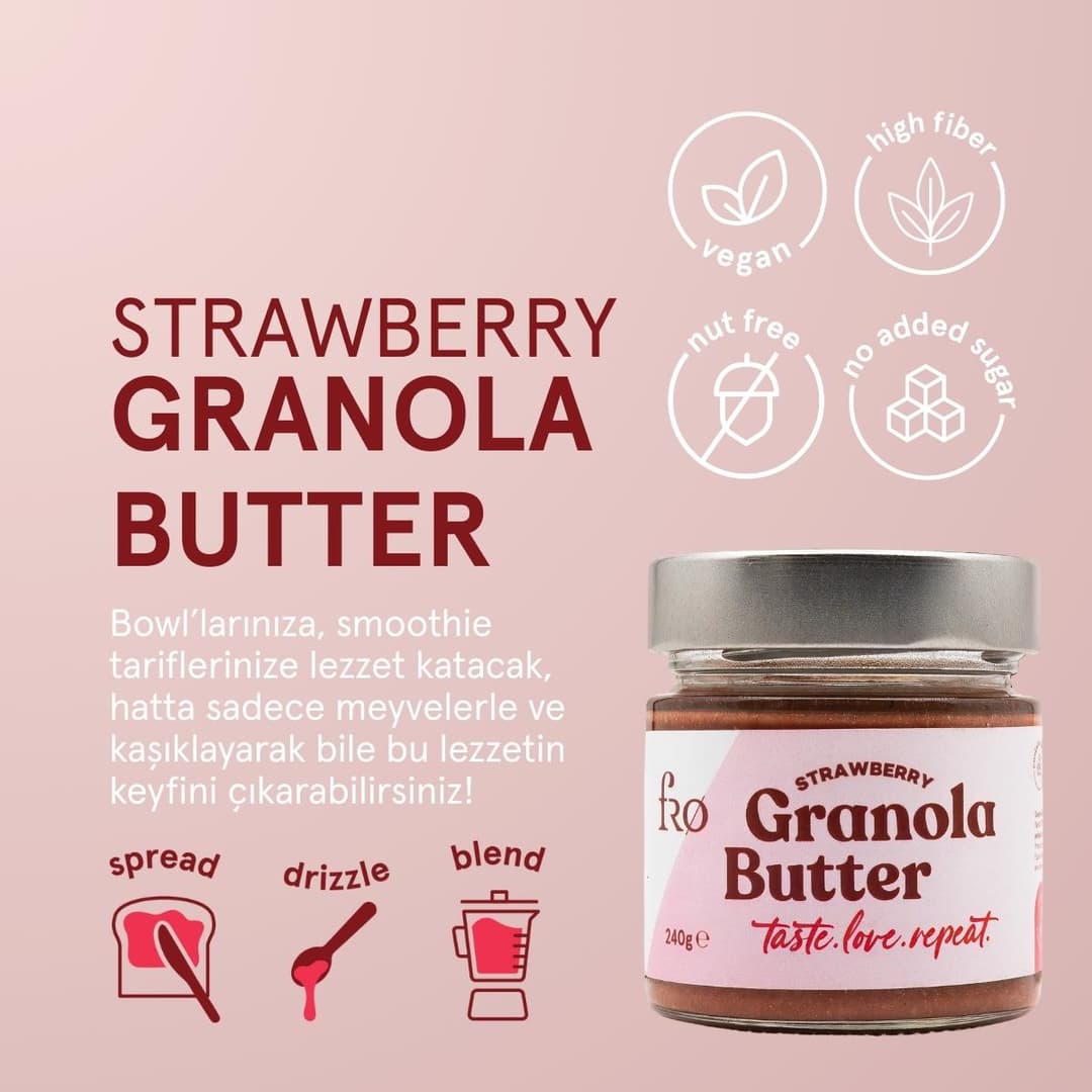 FRO Granola Butter Çilek Glutensiz Şekersiz Vegan Sürülebilir Kahvaltılık Ara Öğün 240gr