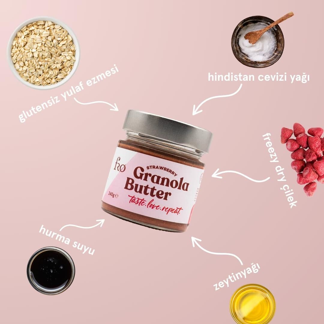 FRO Granola Butter Çilek Glutensiz Şekersiz Vegan Sürülebilir Kahvaltılık Ara Öğün 240gr