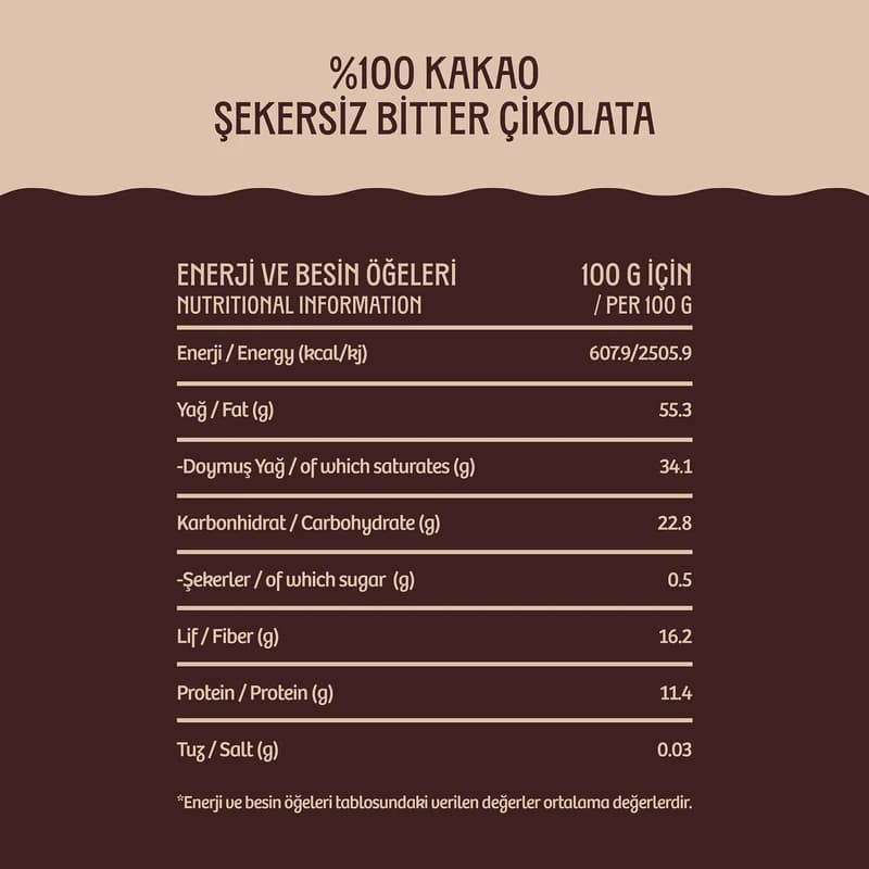 %100 Kakao Şekersiz Bitter Çikolata 80 g