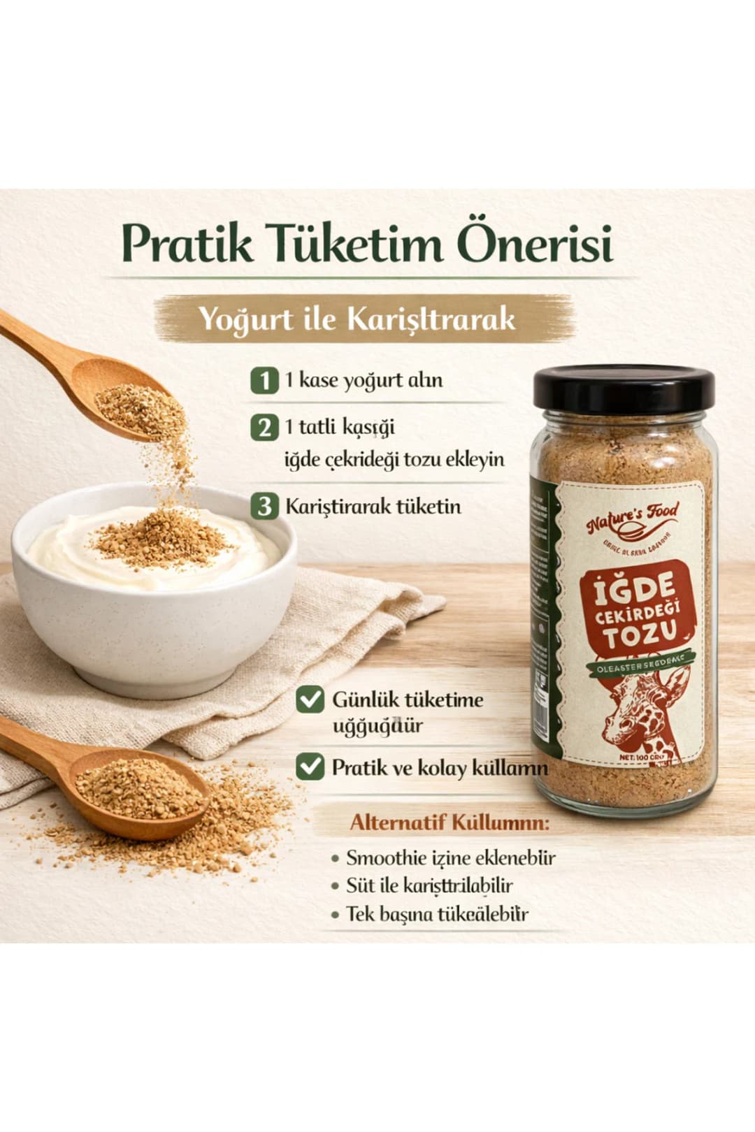 Sadece İğde Çekirdeği Tozu 140gr Glutensiz – %100 Saf Çekirdekten Öğütülmüş