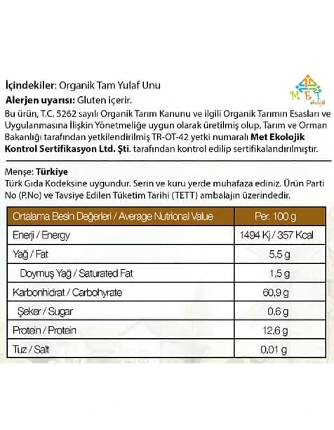 Organik Tam Yulaf Unu 500 g +6 Ay