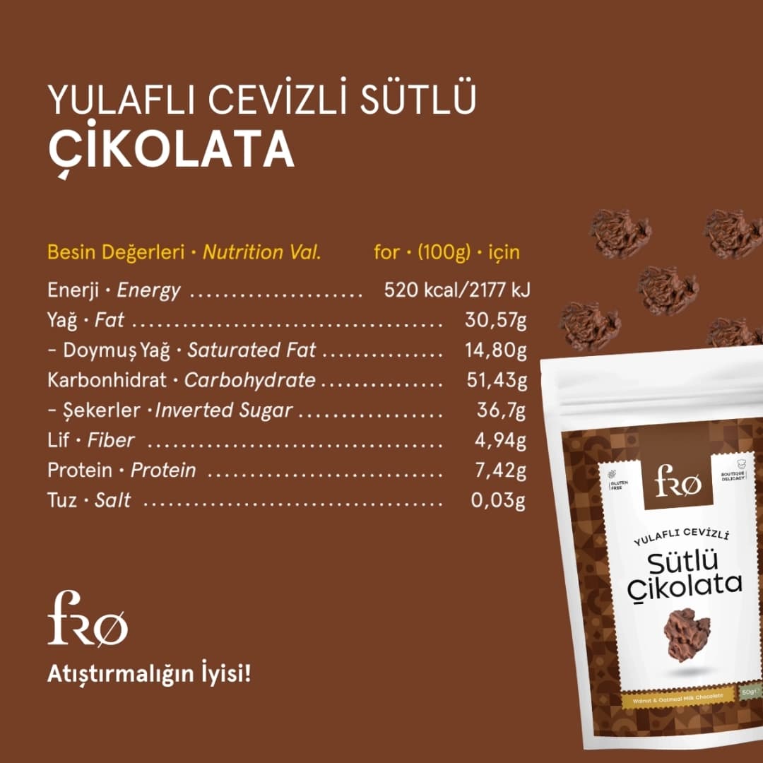 FRO 3'lü Yulaflı Cevizli Sütlü Çikolata Glutensiz Sağlıklı Atıştırmalık 3x50gr