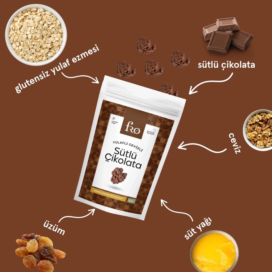 FRO 3'lü Yulaflı Cevizli Sütlü Çikolata Glutensiz Sağlıklı Atıştırmalık 3x50gr