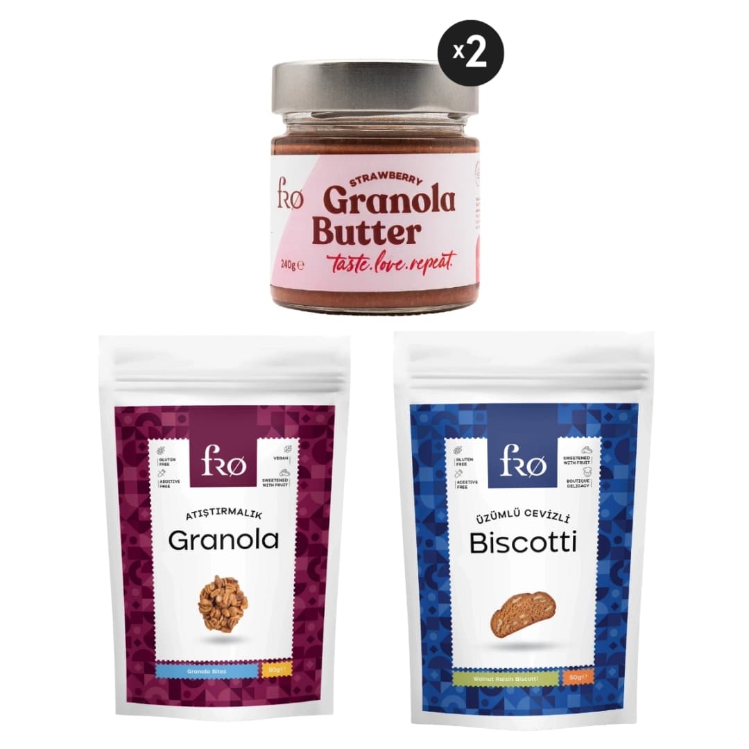 FRO 4'lü 2 x Granola Butter Çilek, Atıştırmalık Granola, Üzümlü Cevizli Biscotti Seti Sağlıklı Atıştırmalık
