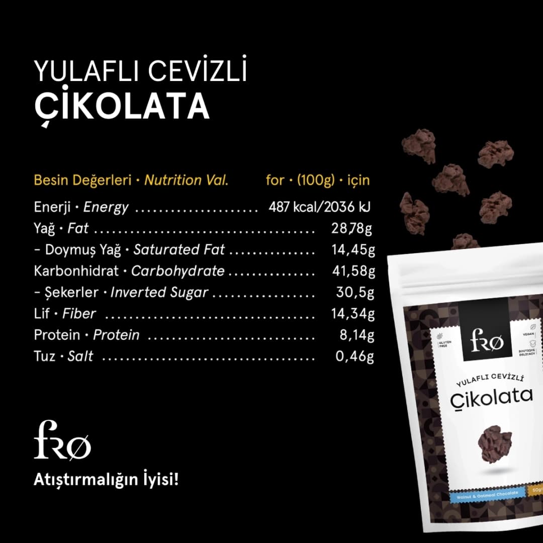 FRO Yulaflı Cevizli Çikolata Vegan Glutensiz Şekersiz Sağlıklı Atıştırmalık