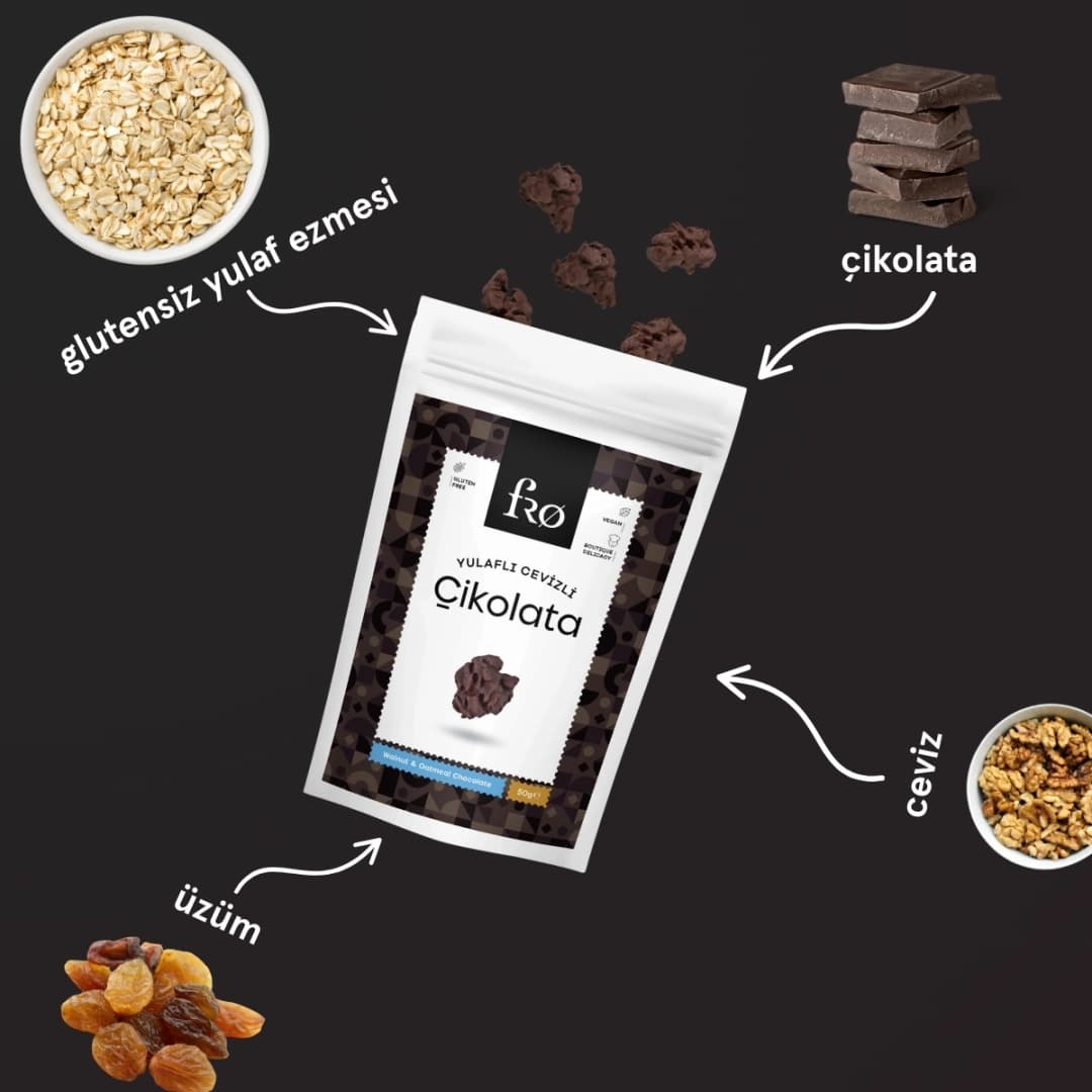 FRO Yulaflı Cevizli Çikolata Vegan Glutensiz Şekersiz Sağlıklı Atıştırmalık