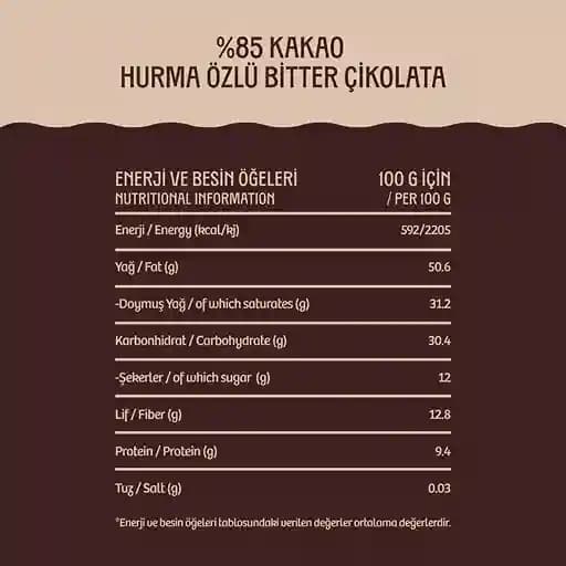 %85 Kakao Hurma Özlü Bitter Çikolata 80 g