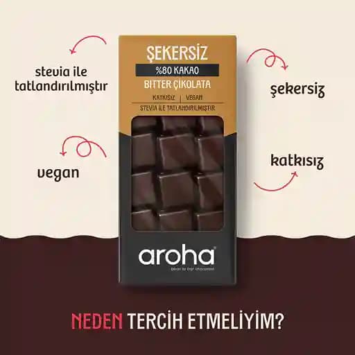 %80 Kakao Şekersiz Bitter Çikolata - Stevia ile Tatlandırılmıştır - 80 g