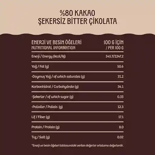 %80 Kakao Şekersiz Bitter Çikolata - Stevia ile Tatlandırılmıştır - 80 g
