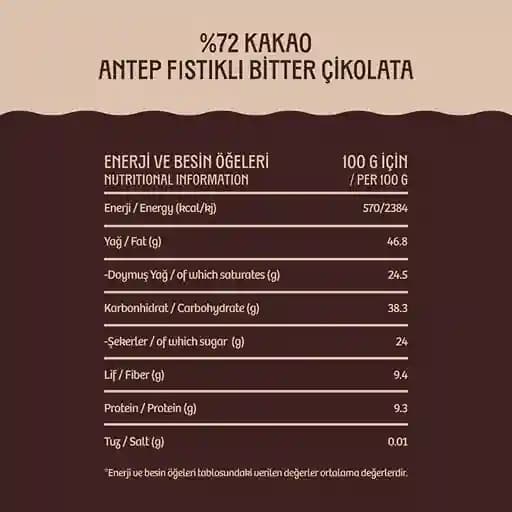 %72 Kakao Antep Fıstıklı Bitter Çikolata 100 g