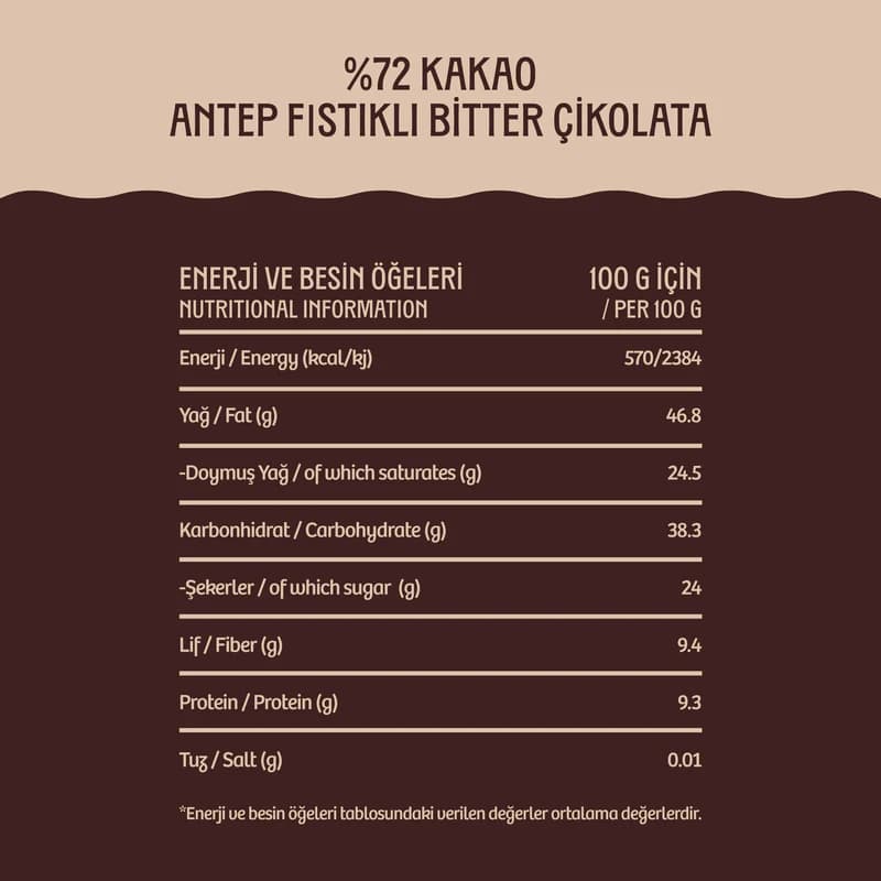 %72 Kakao Antep Fıstıklı Bitter Çikolata 100 g