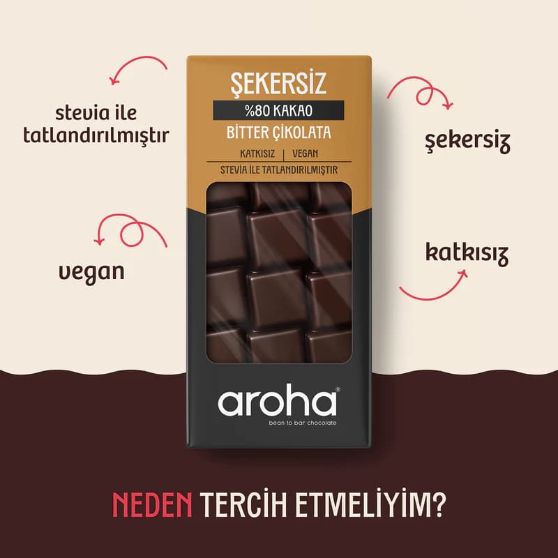 %80 Kakao Şekersiz Bitter Çikolata - Stevia ile Tatlandırılmıştır - 80 g