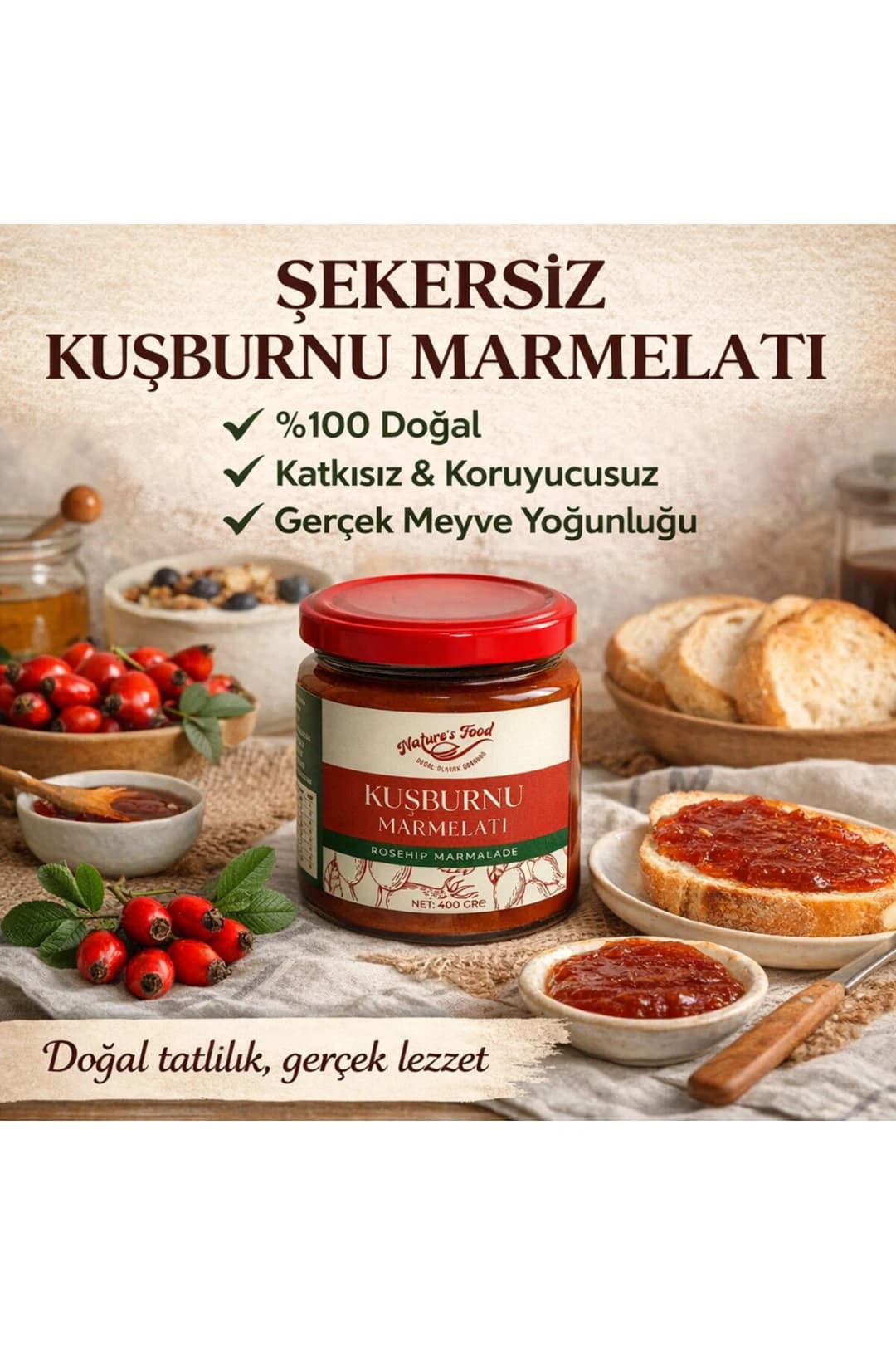 Şekersiz Kuşburnu Marmelatı 400g | %100 Doğal Katkısız | C Vitamini Deposu | Ev Yapımı Kıvam